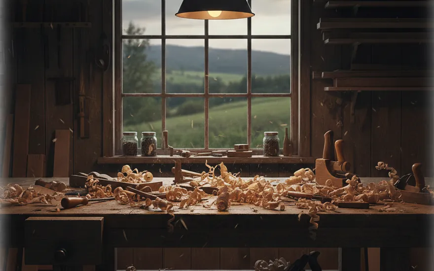 Vue d'ensemble de l'atelier Ethibois, établi et fenêtre sur la campagne