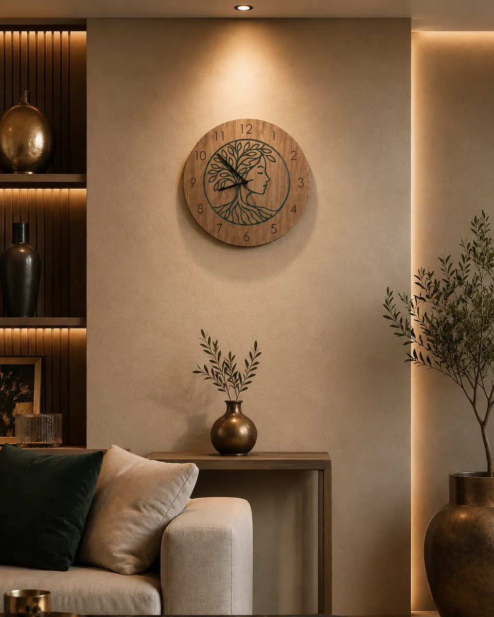 Horloge murale Ethibois en bois de récupération accrochée dans un salon